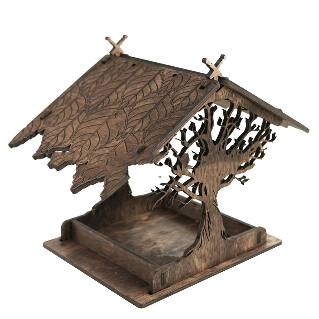 Rustic wooden hanging bird feeder with carbonized finish designed for outdoor garden wildlife decor — view 3