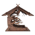 Rustic wooden hanging bird feeder with carbonized finish designed for outdoor garden wildlife decor