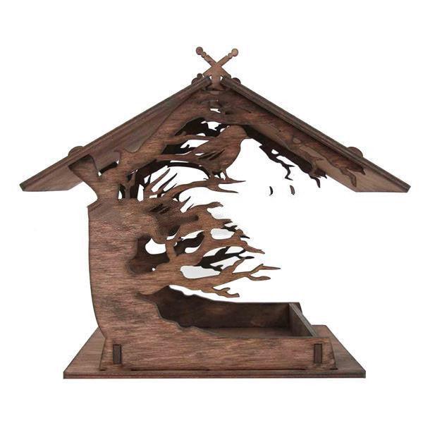 Rustic wooden hanging bird feeder with carbonized finish designed for outdoor garden wildlife decor — view 2