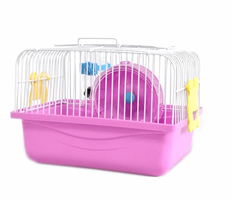 Compact plastic and wire small paradise hamster cage featuring a running wheel food bowl and fountain