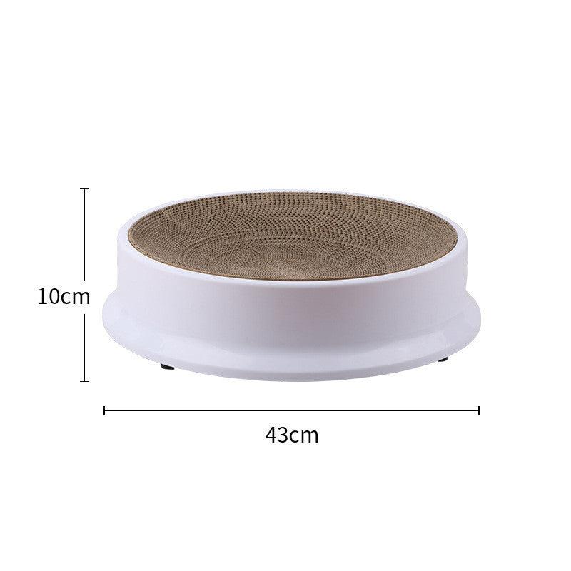 Modern round plastic cat scratcher nest with corrugated paper core in vibrant orange green or white — view 4