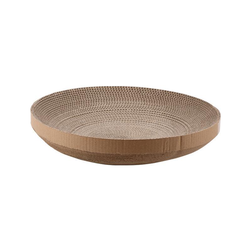 Modern round plastic cat scratcher nest with corrugated paper core in vibrant orange green or white — view 5