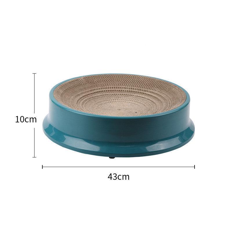 Modern round plastic cat scratcher nest with corrugated paper core in vibrant orange green or white — view 3