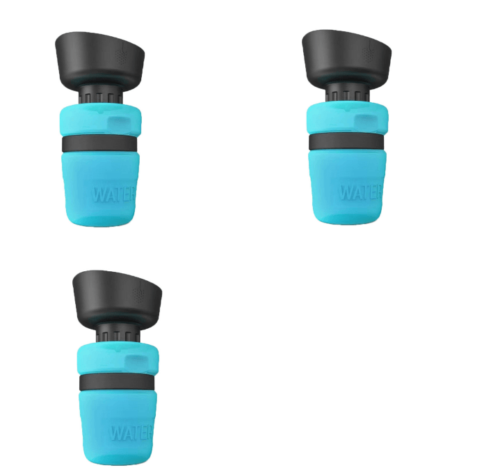 Foldable dog travel water bottle and dispenser in blue plastic for outdoor pet hydration — view 2