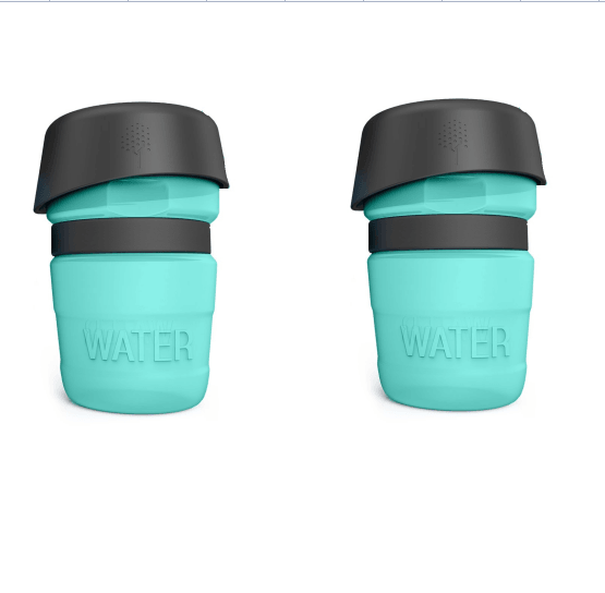 Foldable dog travel water bottle and dispenser in blue plastic for outdoor pet hydration — view 3