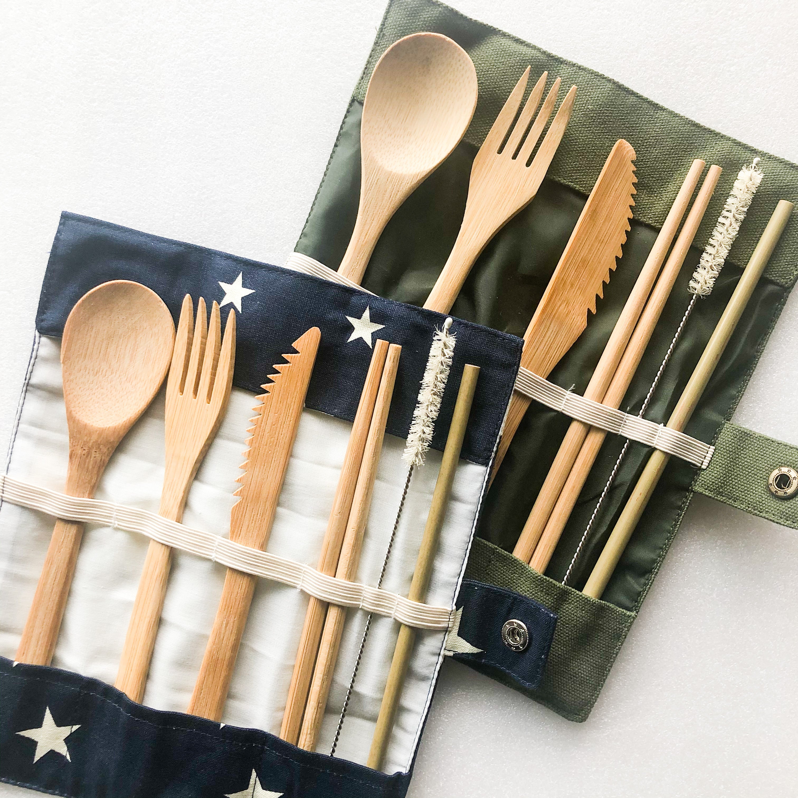 Natural bamboo travel cutlery set with organic cotton pouch fork spoon knife chopsticks and reusable straw — view 3