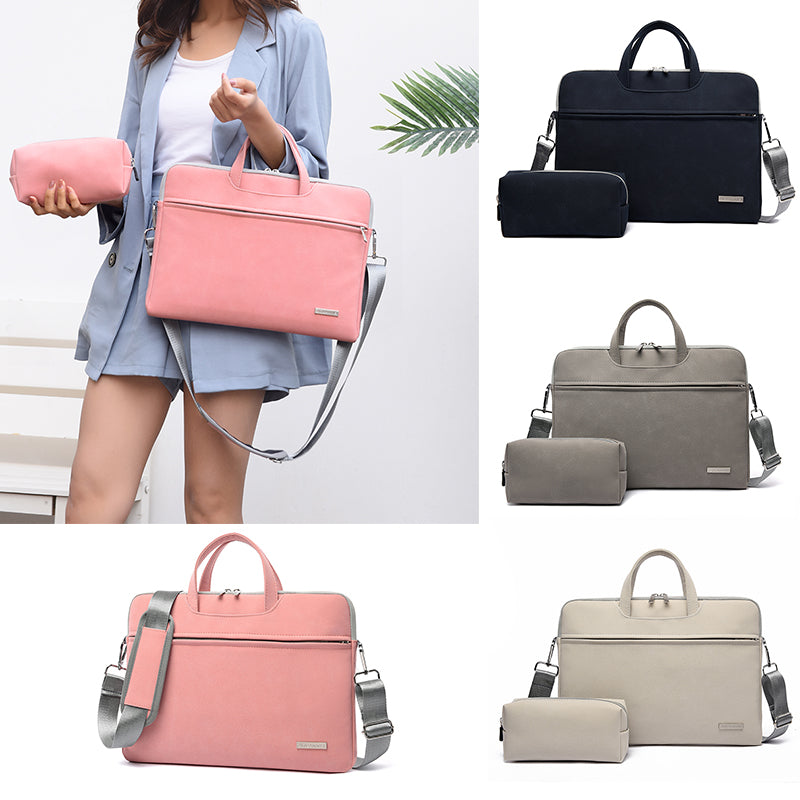 Waterproof PU leather laptop bag with adjustable shoulder strap and matching small accessory mouse pouch.