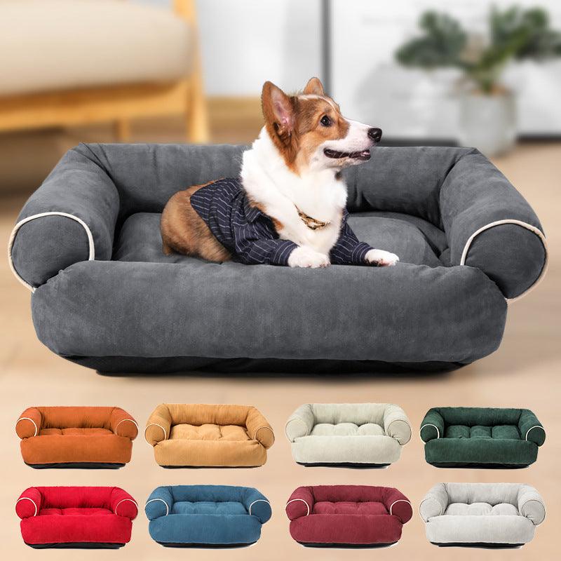 Luxury plush pet sofa bed with soft cushioned edges in a vibrant solid color