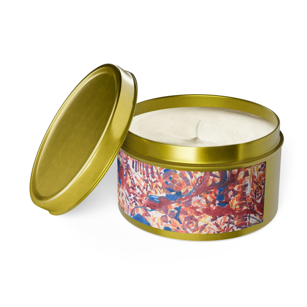 8oz Eco-Friendly Scented or Unscented Soy Wax Tin Candle with 'Abstract Fusion' Abstract Artwork by American Artist Barbara Cleary-2