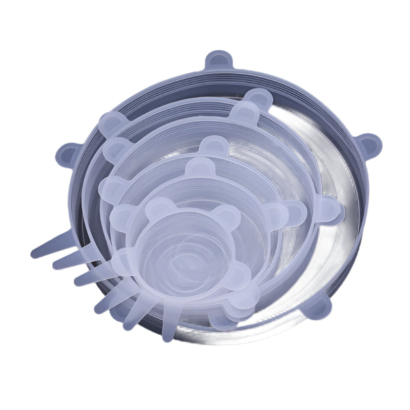 Six white round reusable silicone stretch lids for eco-friendly kitchen food storage and meal prep
