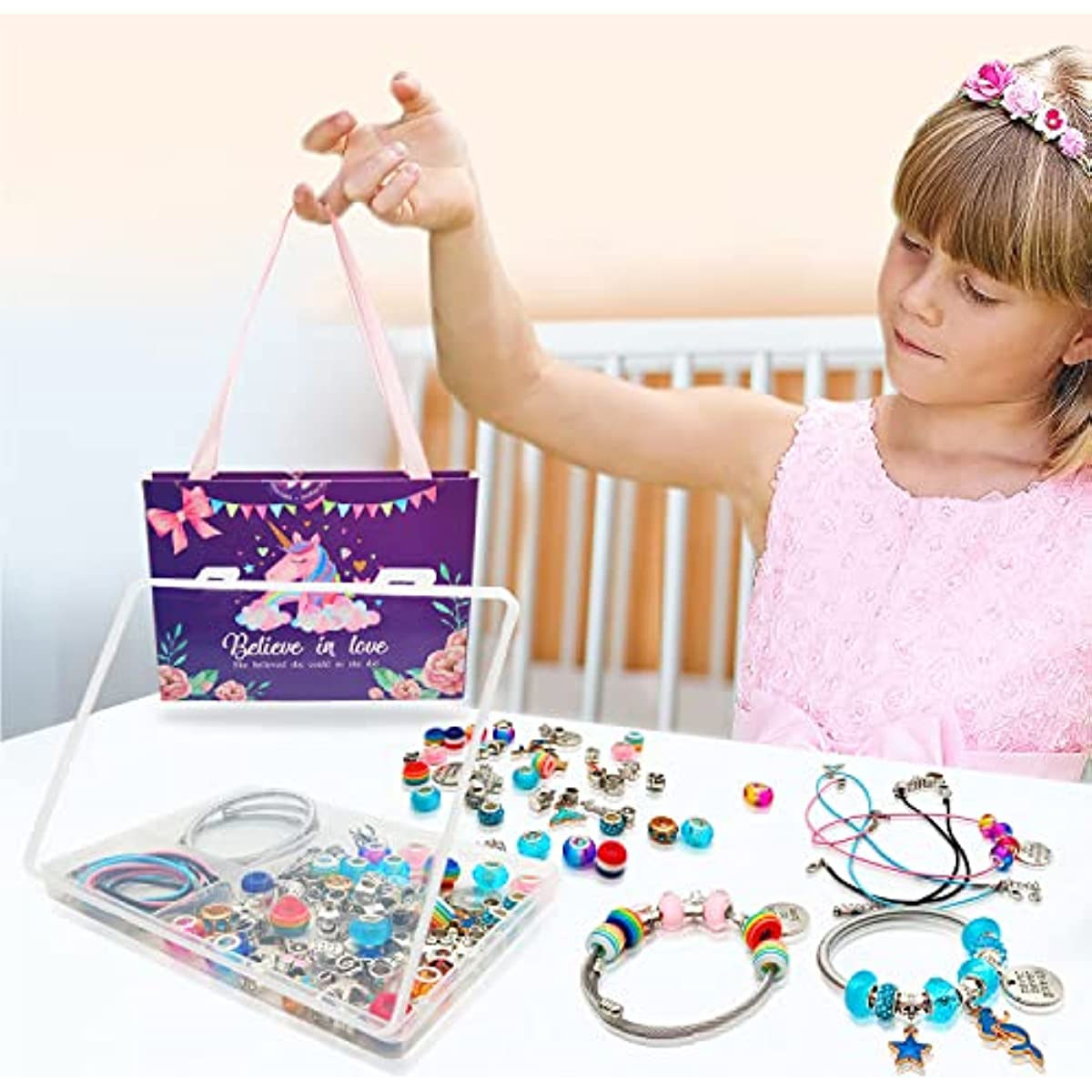 Unicorn and mermaid DIY charm bracelet craft kit with colorful beads and metal pendants — view 4