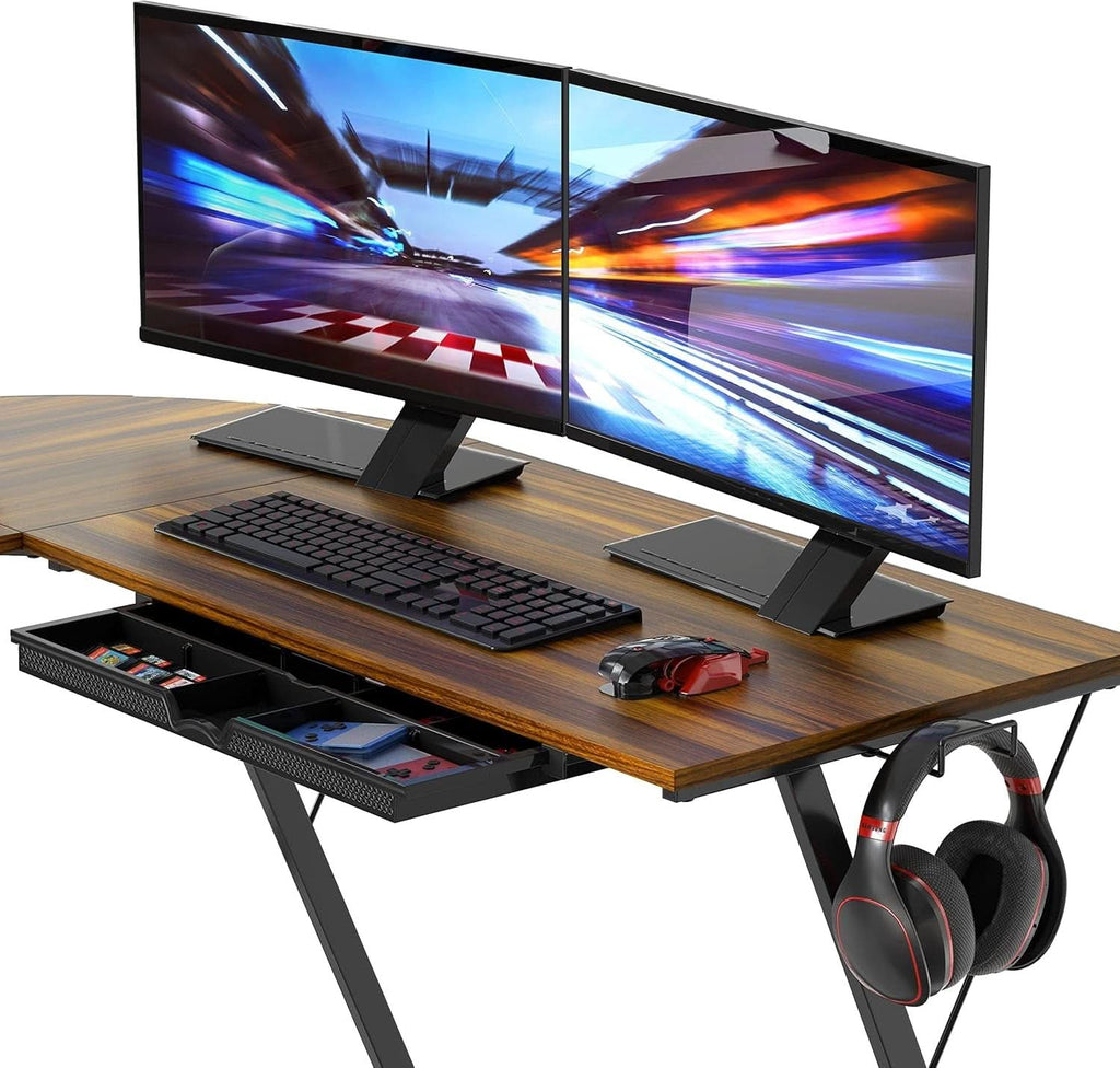 Vista L-shaped corner computer desk in walnut finish with removable monitor stand and steel frame — view 5