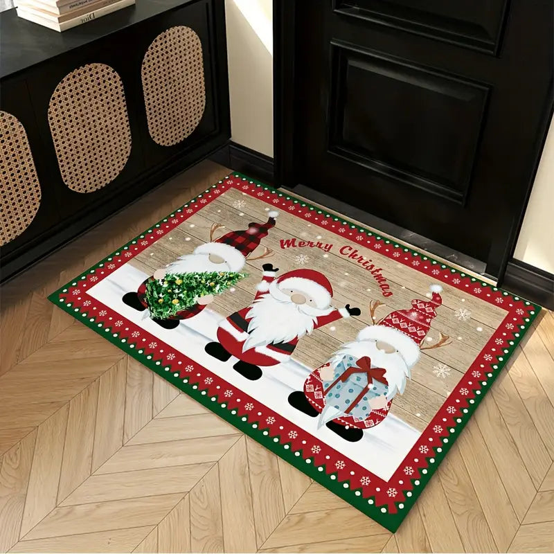 Festive red and green polka dot Merry Christmas kitchen rug featuring a Santa Claus design — view 4