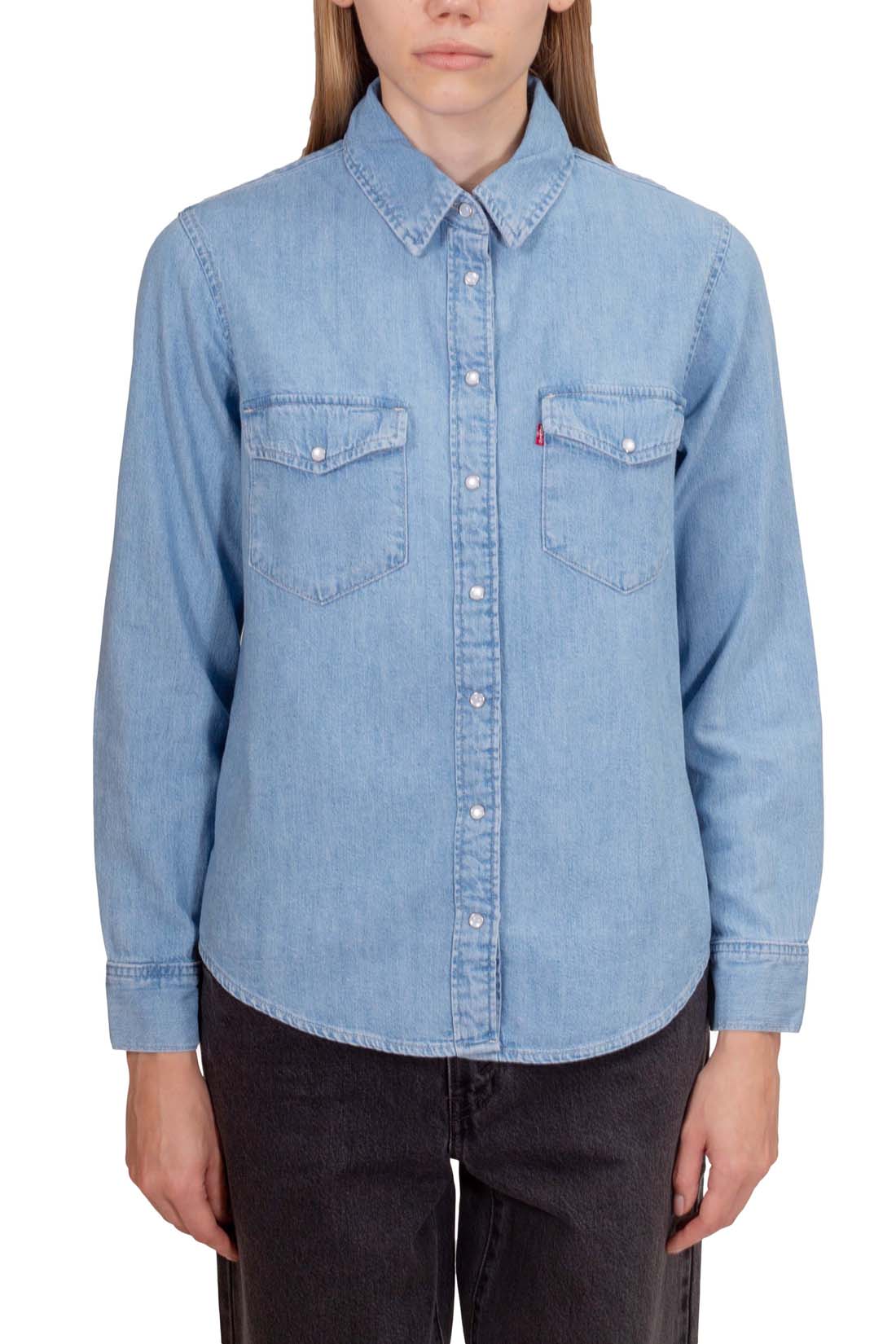 Women's light blue wash denim shirt with snap buttons, long sleeves, and front flap pockets. — view 2
