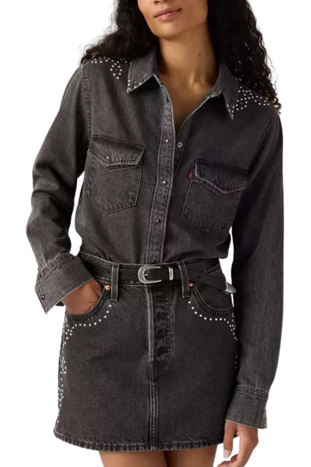 Women's studded denim Western shirt in black cotton with long sleeves and snap buttons — view 7