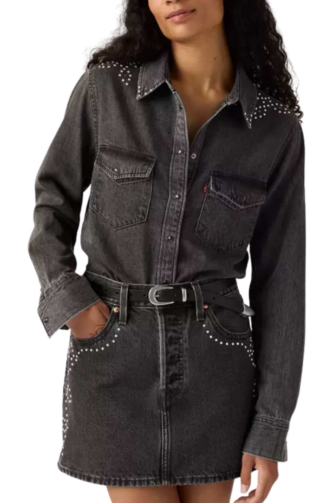 Women's studded denim Western shirt in black cotton with long sleeves and snap buttons — view 12
