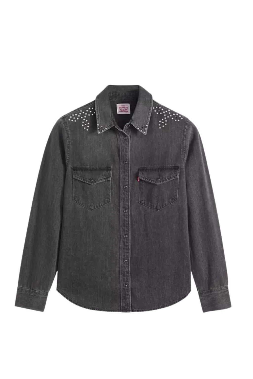 Women's studded denim Western shirt in black cotton with long sleeves and snap buttons — view 11
