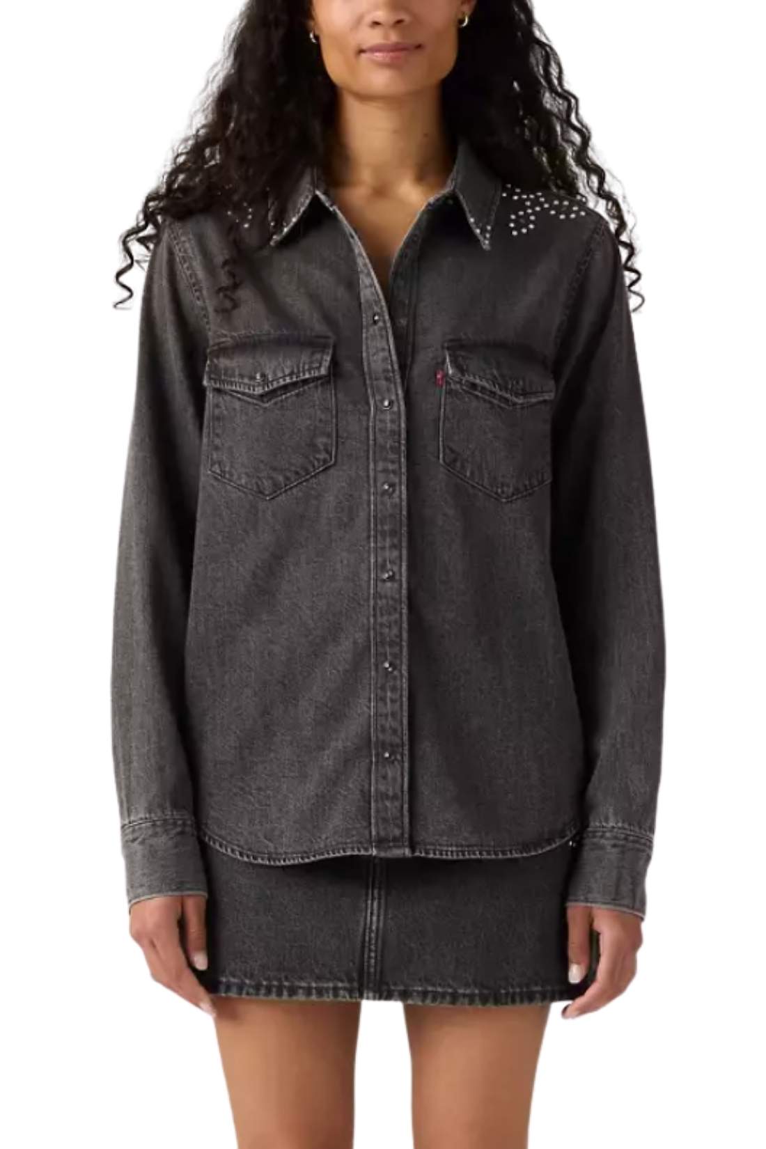 Women's studded denim Western shirt in black cotton with long sleeves and snap buttons — view 13