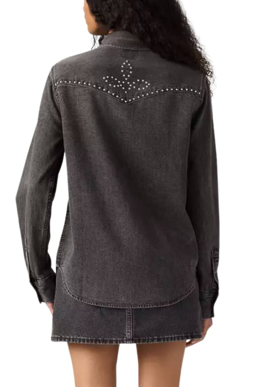 Women's studded denim Western shirt in black cotton with long sleeves and snap buttons — view 9