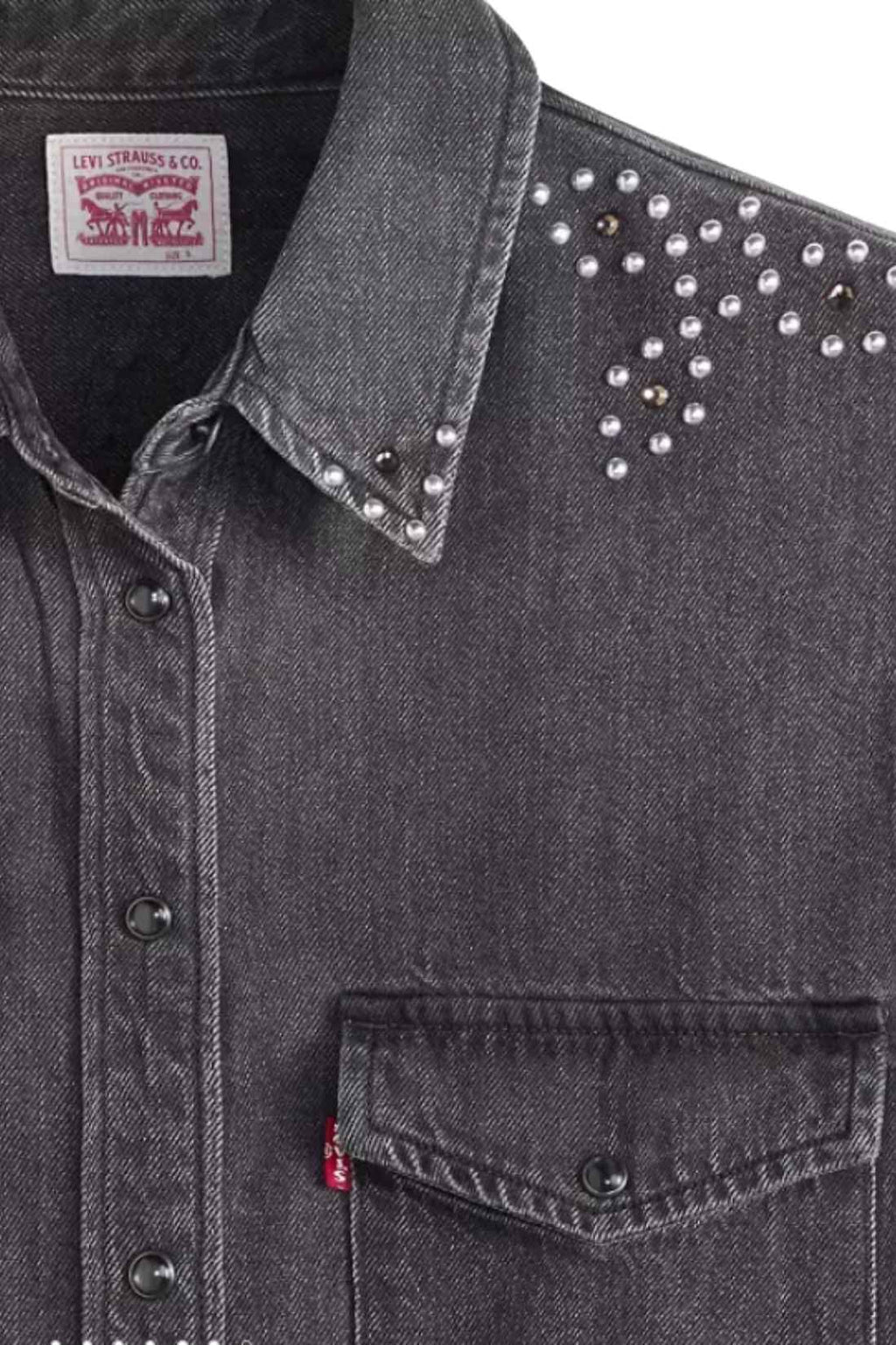 Women's studded denim Western shirt in black cotton with long sleeves and snap buttons — view 5