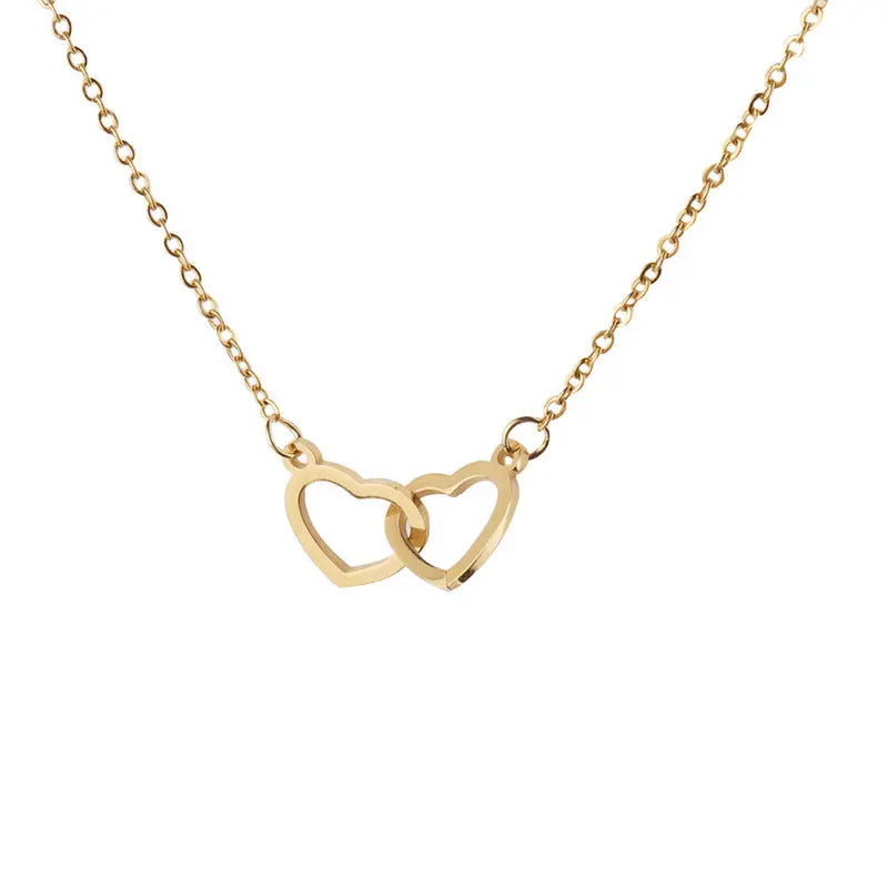 Double heart name necklace in stainless steel featuring interlocking customizable pendants on a delicate chain. — view 3