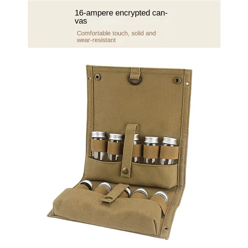 Outdoor seasoning bottles set in a khaki canvas travel bag with clear glass spice jars — view 4