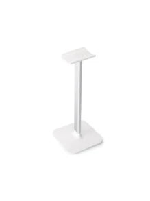 Modern white headphone stand with aluminum support bar resting securely on a flat desktop surface