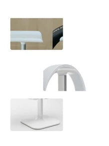 Modern white headphone stand with aluminum support bar resting securely on a flat desktop surface — view 3