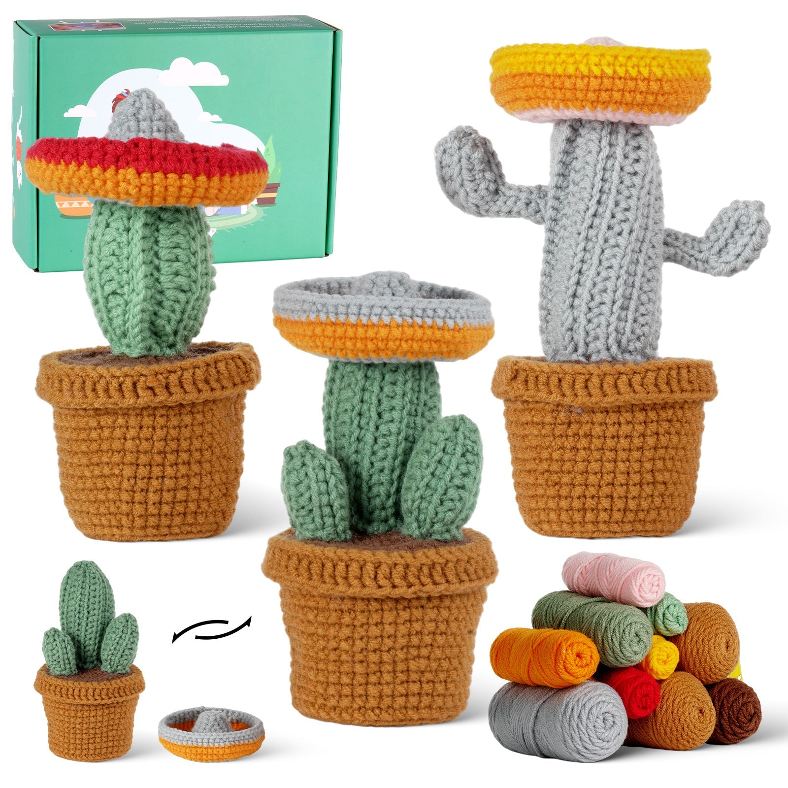 Three handmade amigurumi crochet cacti made from vibrant green yarn and safety eyes