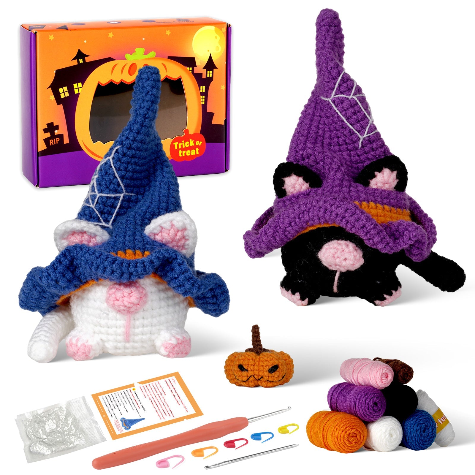 Halloween cat gnome amigurumi crochet kit with wizard hat, pumpkin, and crafting materials on display