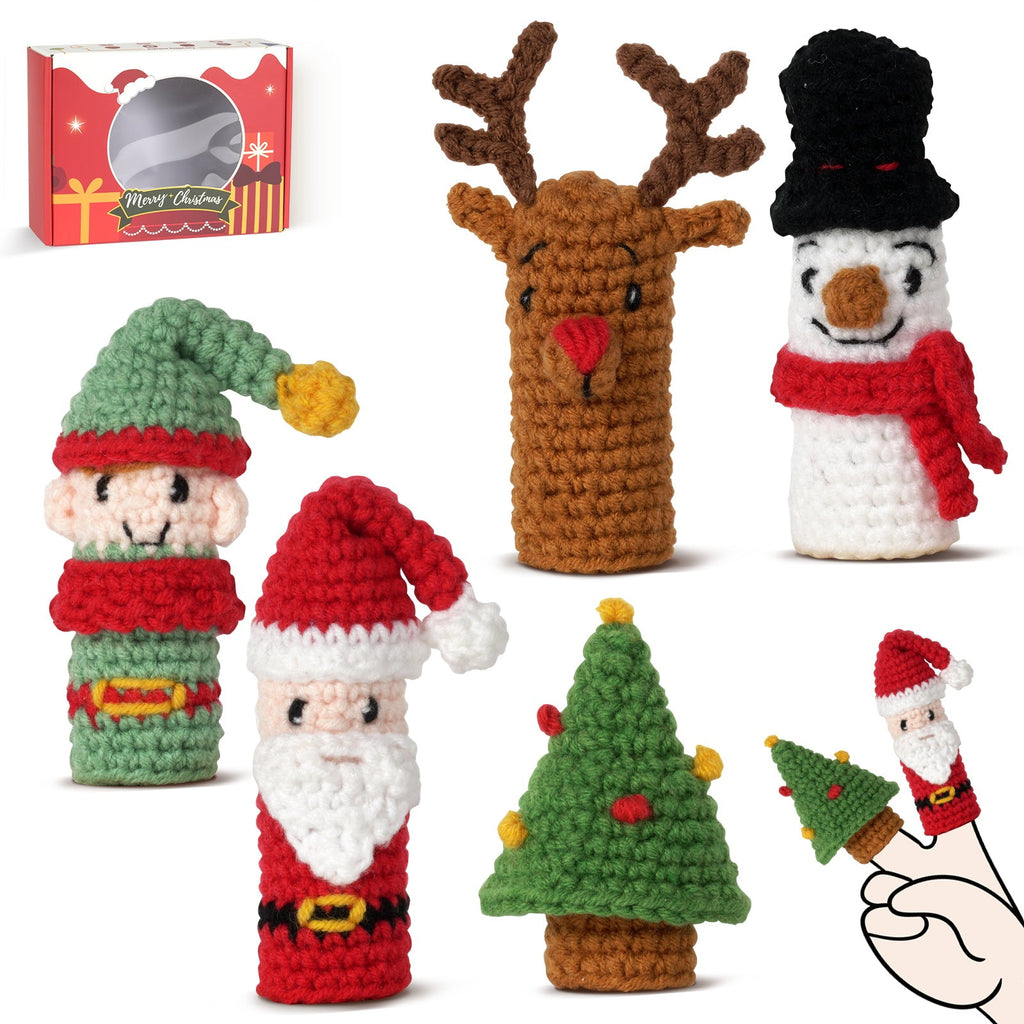 Christmas amigurumi crochet kit with yarn hook needle and finished miniature Santa and snowman figures