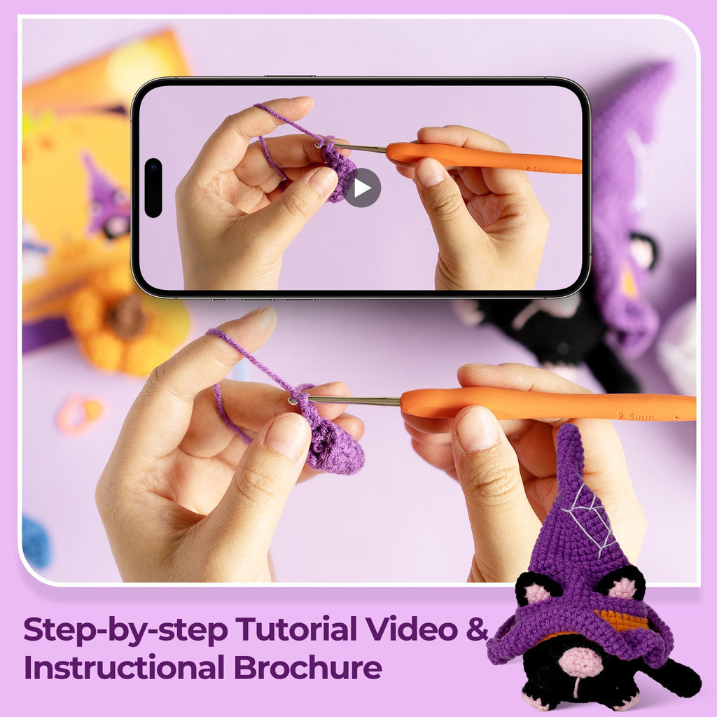Halloween cat gnome amigurumi crochet kit with wizard hat, pumpkin, and crafting materials on display — view 2