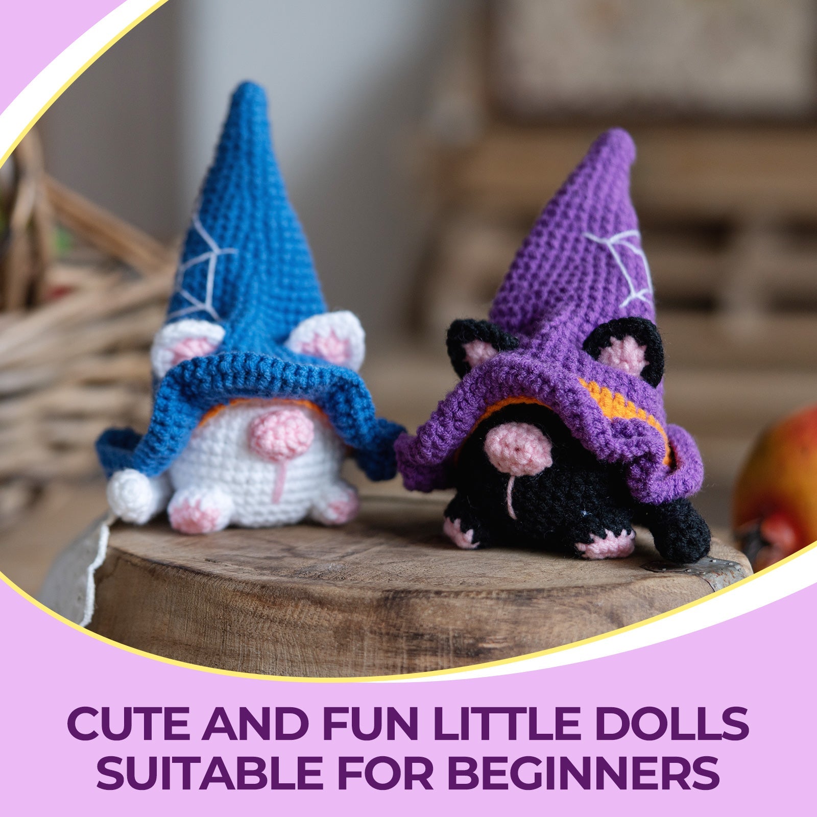Halloween cat gnome amigurumi crochet kit with wizard hat, pumpkin, and crafting materials on display — view 3