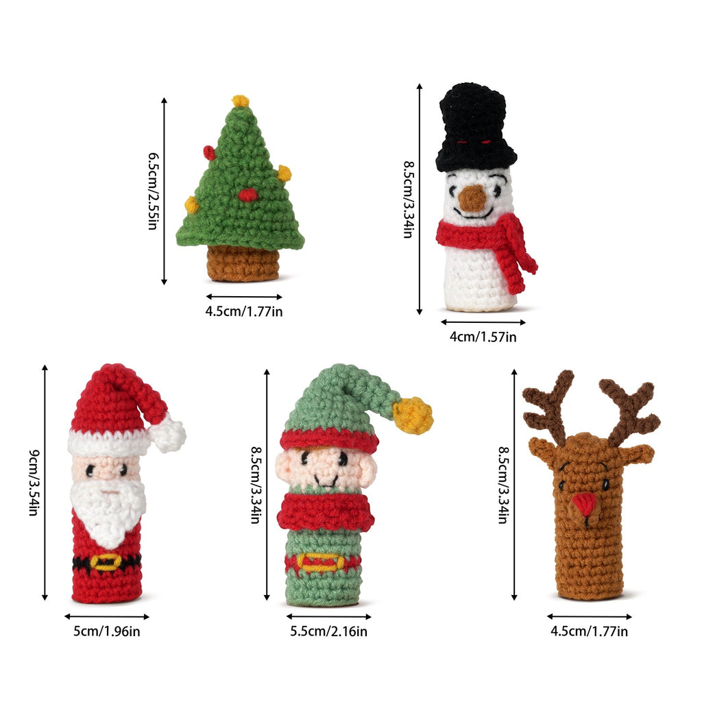 Christmas amigurumi crochet kit with yarn hook needle and finished miniature Santa and snowman figures — view 5