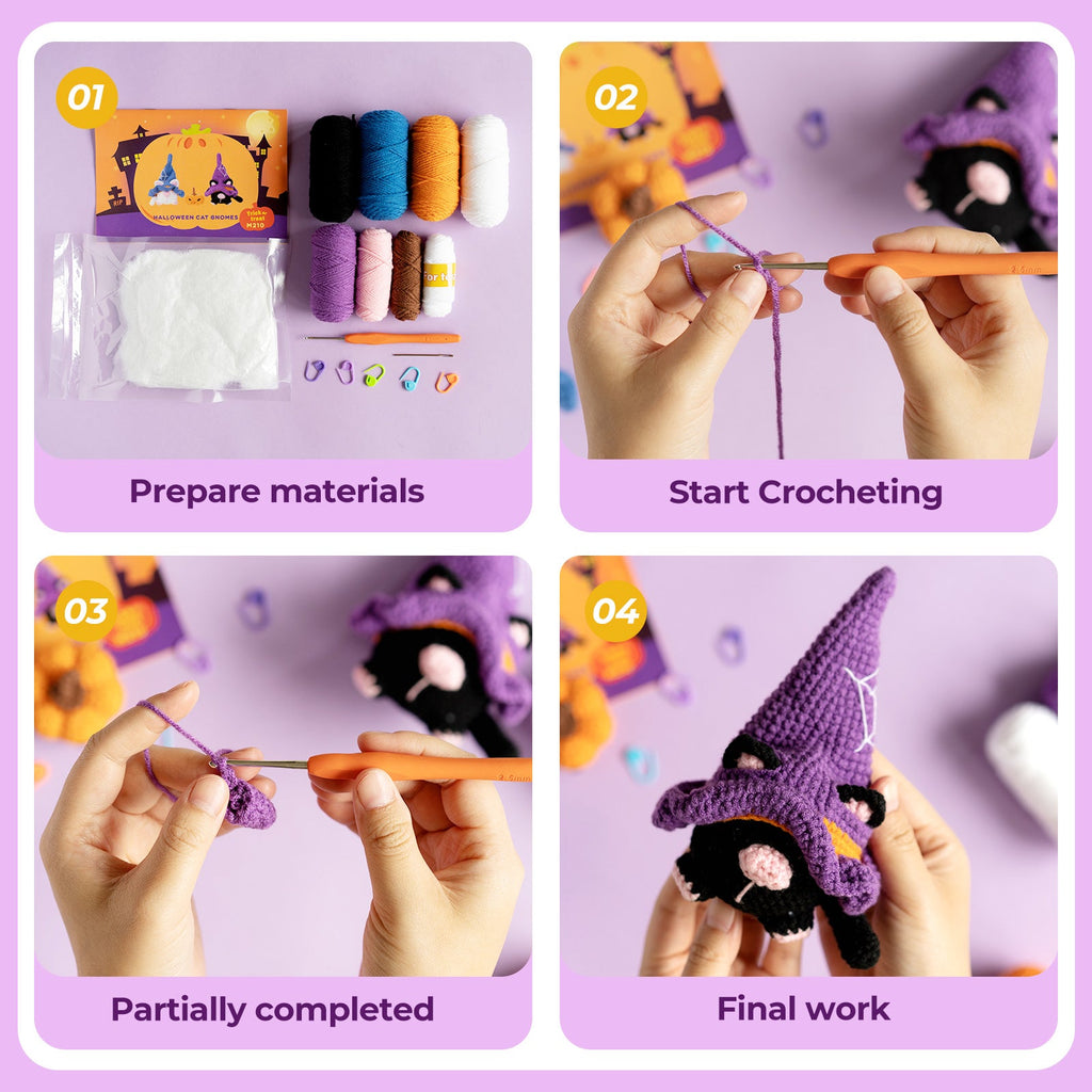 Halloween cat gnome amigurumi crochet kit with wizard hat, pumpkin, and crafting materials on display — view 4