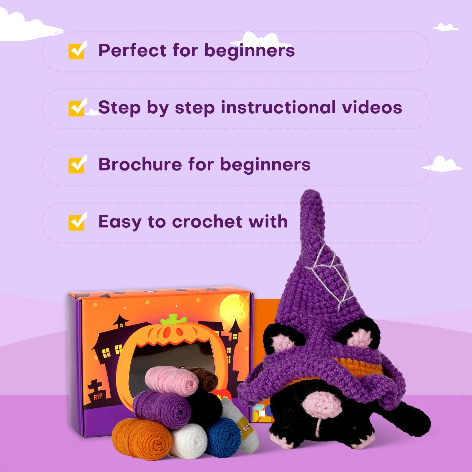 Halloween cat gnome amigurumi crochet kit with wizard hat, pumpkin, and crafting materials on display — view 5