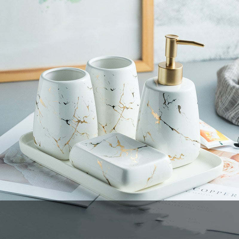 Ceramic bathroom soap dispenser and toothbrush holder set with modern golden marble effect — view 3