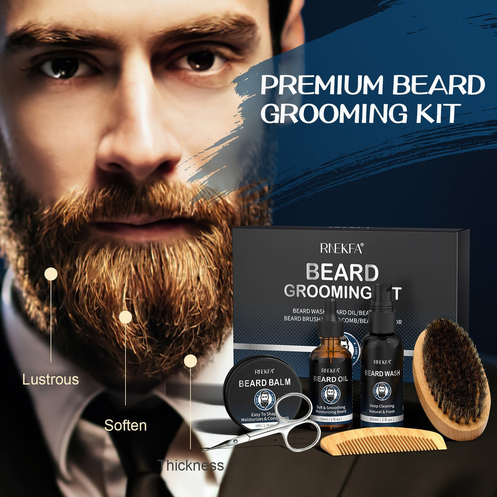 Complete men's beard grooming kit including oil, balm, brush, comb, scissors, and storage travel bag — view 3