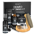 Complete men's beard grooming kit including oil, balm, brush, comb, scissors, and storage travel bag