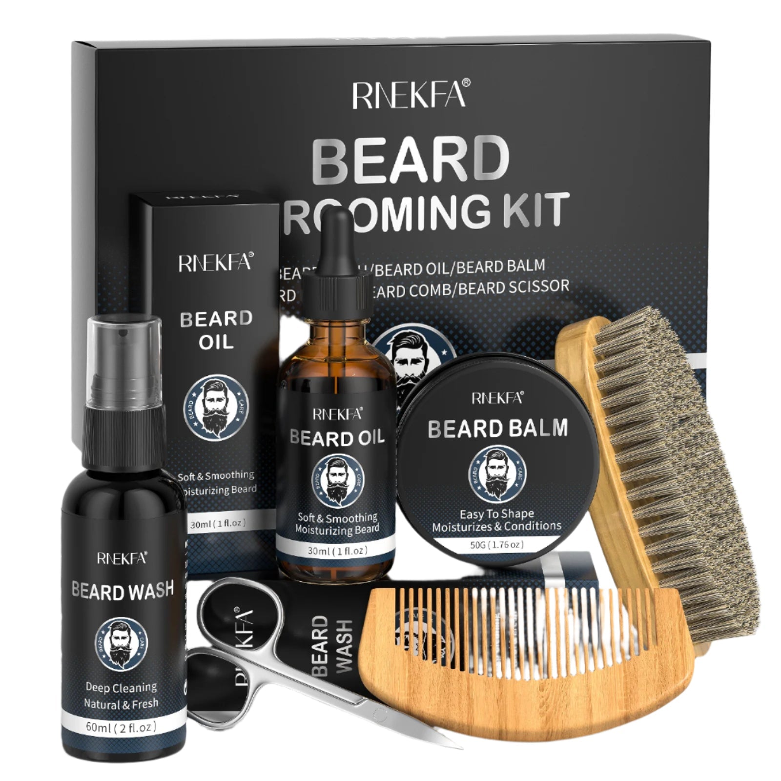Complete men's beard grooming kit including oil, balm, brush, comb, scissors, and storage travel bag
