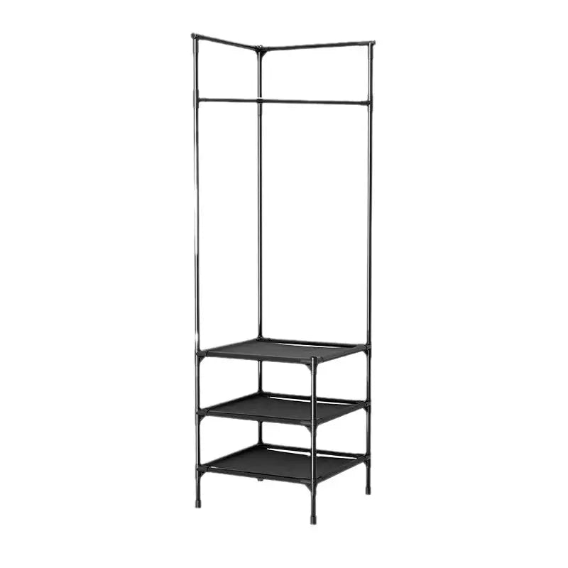Modern metal triangle corner coat rack with integrated hanging hooks and tiered bottom storage shelves — view 2