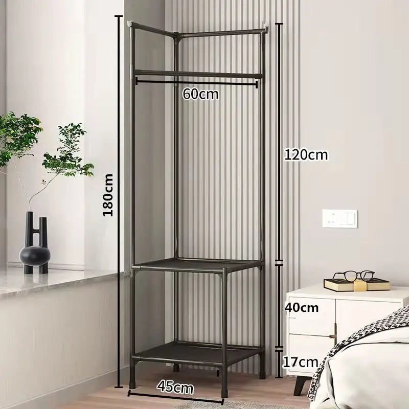Modern metal triangle corner coat rack with integrated hanging hooks and tiered bottom storage shelves — view 4
