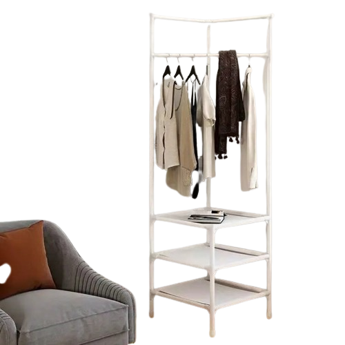 Modern metal triangle corner coat rack with integrated hanging hooks and tiered bottom storage shelves — view 3