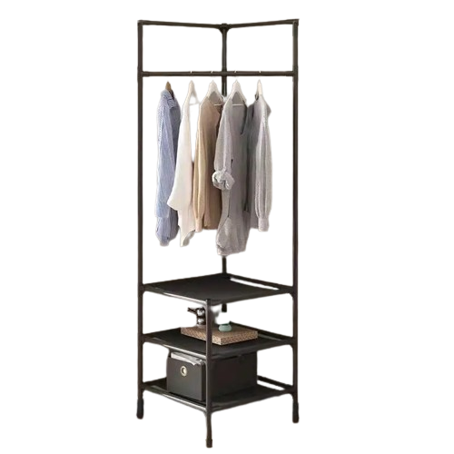 Modern metal triangle corner coat rack with integrated hanging hooks and tiered bottom storage shelves