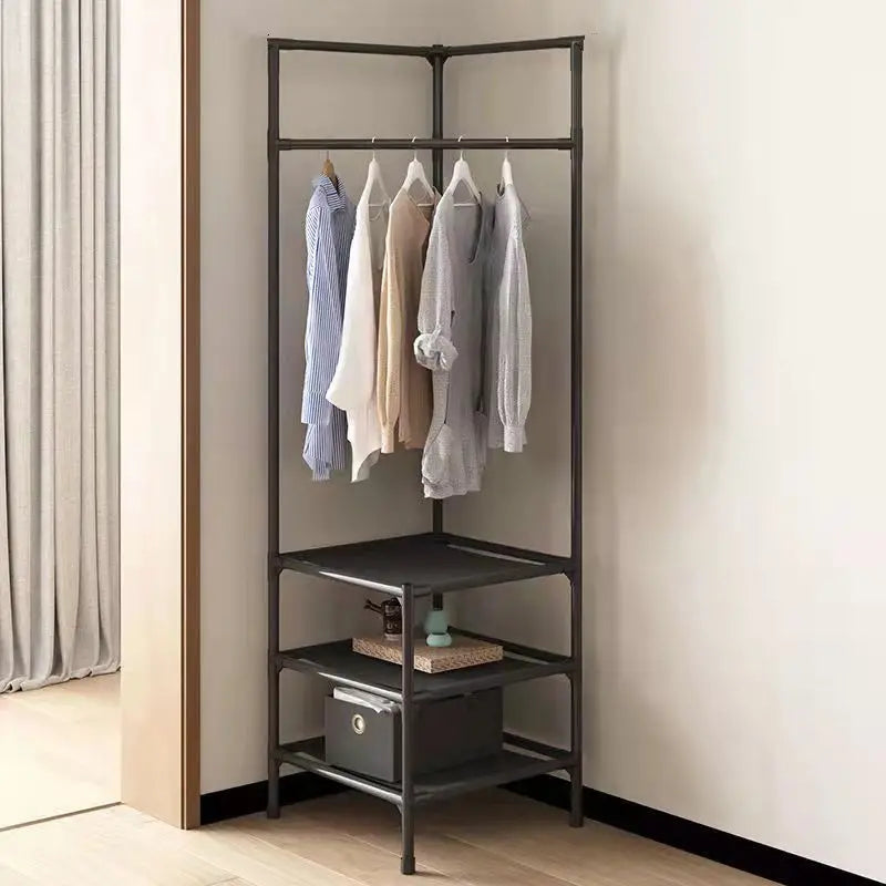 Modern metal triangle corner coat rack with integrated hanging hooks and tiered bottom storage shelves — view 5