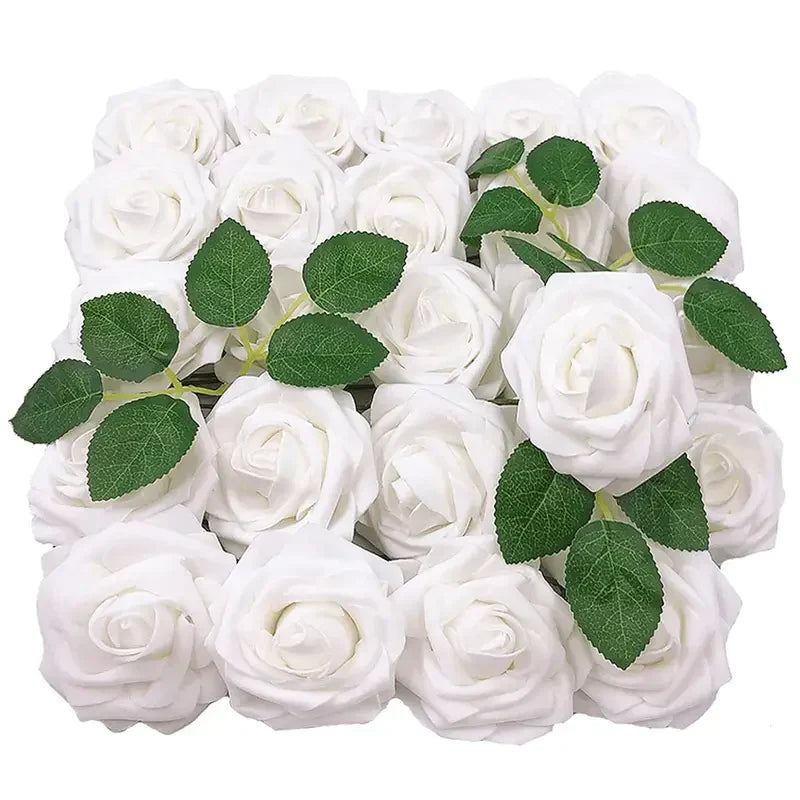 Realistic white foam artificial roses with flexible stems for wedding bouquets and elegant centerpieces