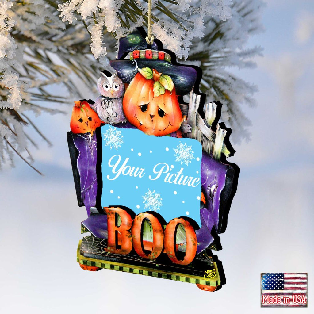 Handcrafted wooden Halloween picture frame ornament featuring spooky artwork for a 4x2 photo — view 3