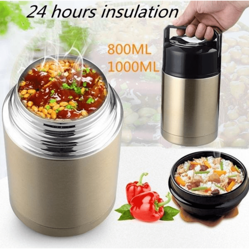 Golden stainless steel insulated cylindrical lunch jar for hot and cold food storage. — view 2