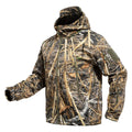 Men's camouflage hunting jacket with adjustable hood and multiple tactical zipper pockets
