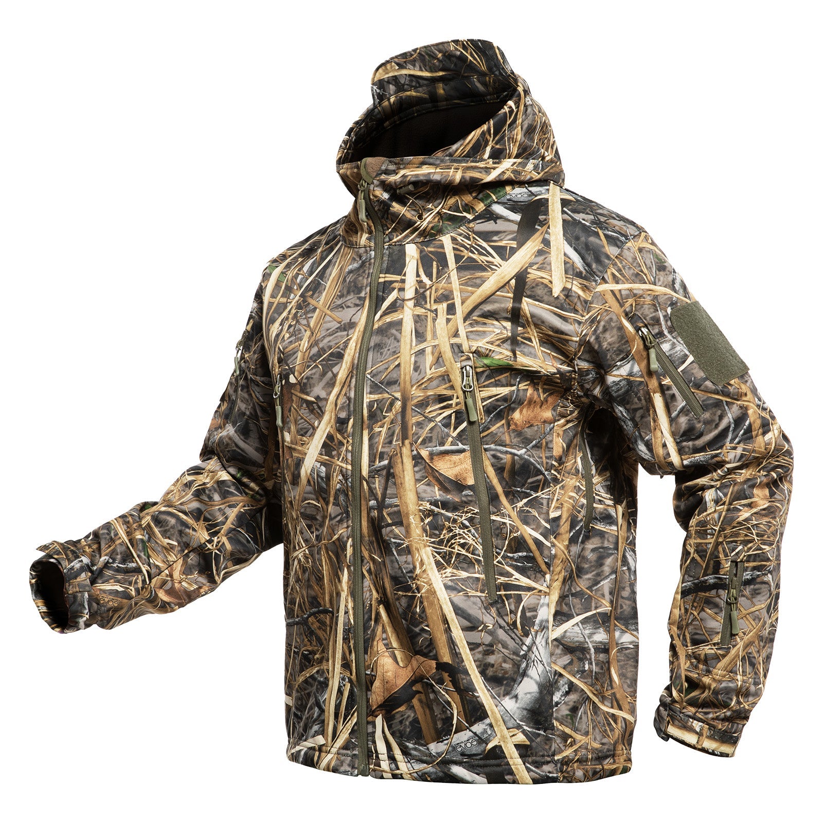 Men's camouflage hunting jacket with adjustable hood and multiple tactical zipper pockets